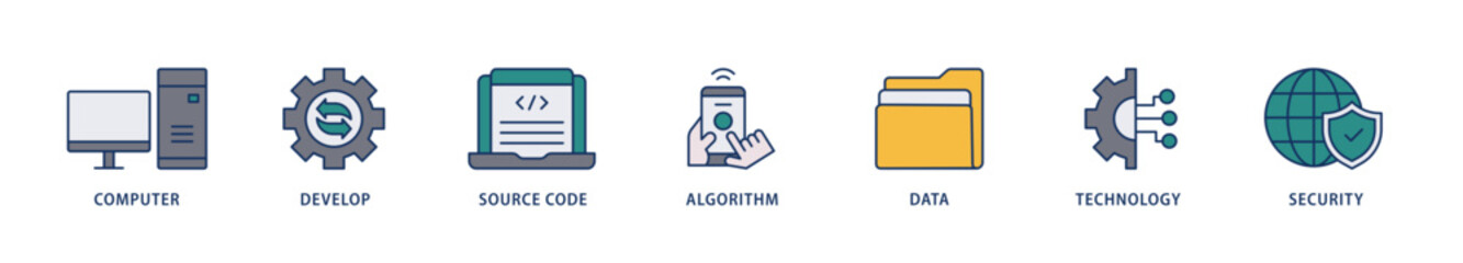 Programming icons set collection illustration of computer, develop, source code, algorithm, data, technology and security icon live stroke and easy to edit 