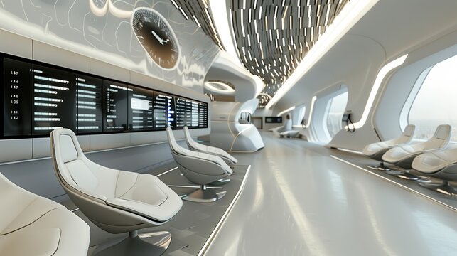 A futuristic airport lounge with streamlined seating and digital flight boards.