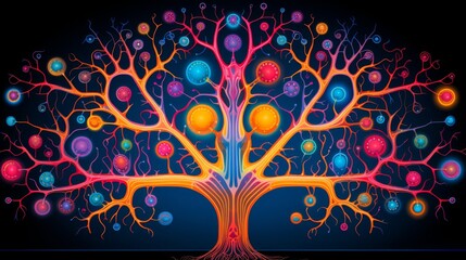 Colorful illustration of a tree of knowledge with glowing spheres and intricate branches.