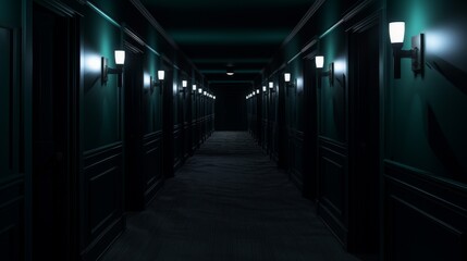 liminal space, hotel hallway, dark, green, carpet, doors, scary