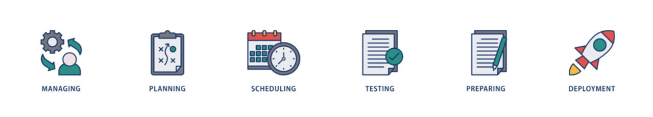 Release management icons set collection illustration of managing, planning, scheduling, building, testing, preparing and deployment icon live stroke and easy to edit 