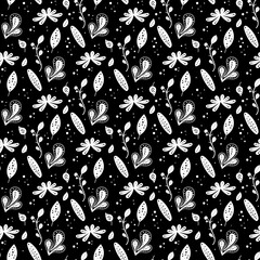 Seamless neo folk art vector pattern with flowers, black and white floral design. Neo folk style endless background perfect for textile design.