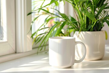 White Blank Mug Mockup in Photographic Scene created with Generative AI