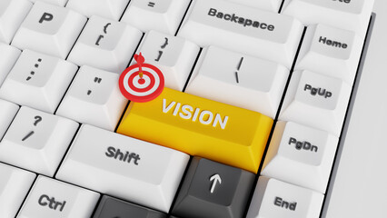 New year planning and vision concept. Targeting the business concept. Aim and objective achievement. 3D vision key on keyboard with dart and dartboard