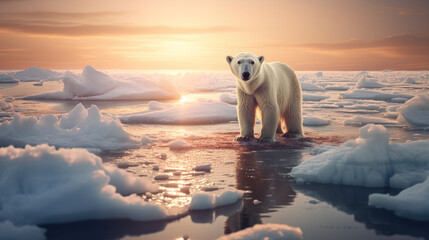 polar bear trying to survive on melting ice, global warming and climate change concept 