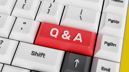 Q & A, question and answer session. Ask, schedule, meeting, FAQ, chat concept. FAQ or frequently asked questions. Q & A key on 3D keyboard