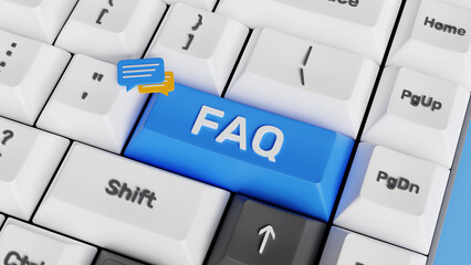 Online Support center. Frequently Asked Questions Concept. FAQ, support, help concept. 3D FAQ keyboard key with speech bubbles