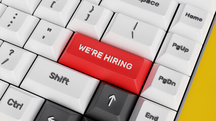 Job Recruitment. Human resources, job vacancy, recruiting and hiring concept. We're Hiring 3D keyboard key