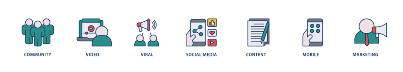 SMM icons set collection illustration of community, video, viral, social media, content, mobile and marketing icon live stroke and easy to edit 