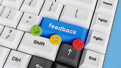 Customer review rating or feedback concept. User experience or client satisfaction, opinion for product and services. 3D keyboard with feedback button for review or rating