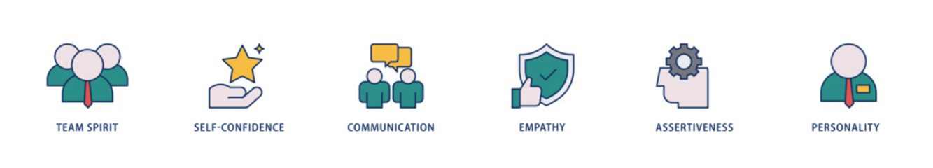 Soft skills icons set collection illustration of team spirit, self confidence, communication, empathy, assertiveness, and personality icon live stroke and easy to edit 