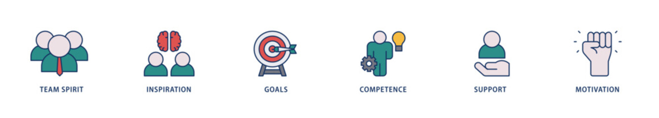 Team building icons set collection illustration of team spirit, inspiration, goals, competence, support, and motivation icon live stroke and easy to edit 