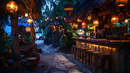 A vibrant tropical tiki bar paradise with colorful cocktails, palm trees, and a festive atmosphere, perfect for a beach vacation or leisurely relaxation.