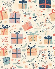 cute present box with flower in pastel soft tone color , seamless pattern  nursery design cartoon style illustration with grungy texture, Generative Ai