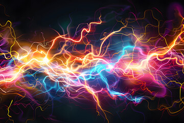 Vibrant neon lightning bolts with colorful swirls and loops. Abstract art on black background.
