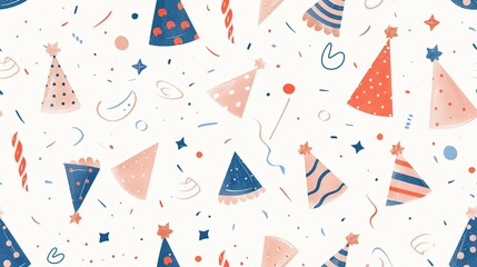  cute party hat with confetti doodle sketch , seamless pattern  nursery design cartoon style illustration with grungy texture, Generative Ai