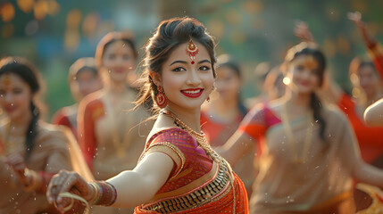 a scene where a young and beautiful Assamese woman wearing traditional festival clothes is dancing with other woman dancing around her and behind her in blur on a fresh morning in a village.