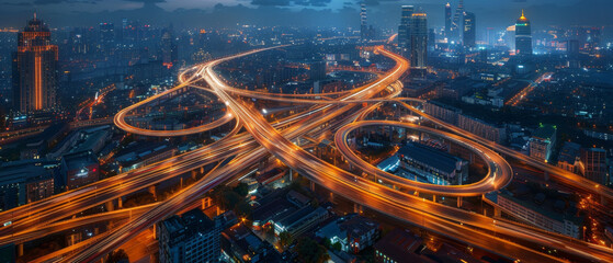 An aerial perspective of a city's intricate and illuminated highway system during the night.