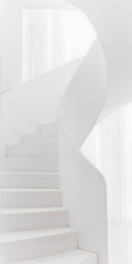 Escada espiral branca clássica cercada por paredes de vidro modernas