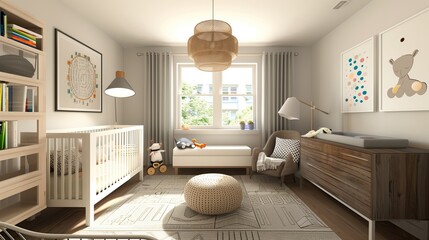 A modern nursery with playful themes and functional design.