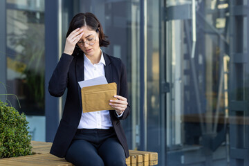 Upset young business woman sitting on a bench near the office center, holding her head and...