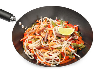 Shrimp stir fry with noodles and vegetables in wok isolated on white