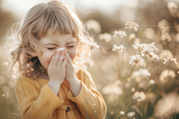 Sneezing young girl suffering from cold and seasonal allergy - obrazy, fototapety, plakaty