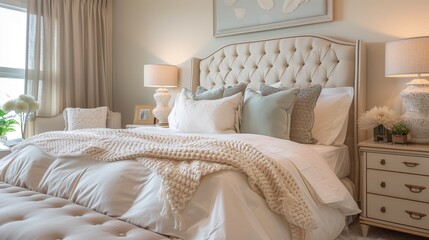 A serene bedroom design with soft colors and plush bedding.