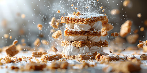 Broken cakes, dry cakes and cookies falling in motion on white background with sprinkling and pieces with crumbs - obrazy, fototapety, plakaty