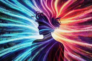 A figure silhouetted against a background of colourful swirling binary code