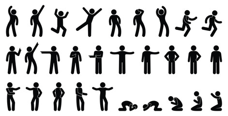 stick figure man, isolated pictogram of people, stickman icon, set of various poses and gestures