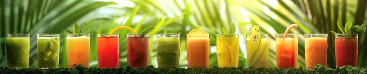 Glasses with fresh fruit and vegetable juices in front of blurred tropical leaves background - obrazy, fototapety, plakaty
