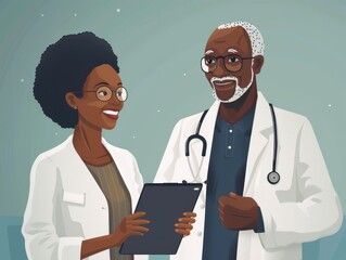 A doctor and a nurse are sharing a smile while looking at a clipboard, the nurse is gesturing with her thumb up. The doctor has eyewear on their arm sleeve. Both appear happy