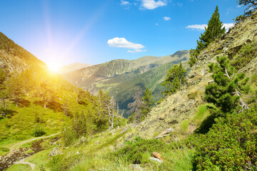 Beautiful sunrise in mountain valley in Pyrenees.