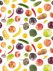 Big set fresh fruits and vegetables isolated on white. Seamless pattern. - 800165367