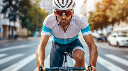 Cyclist s intense focus behind sunglasses, depicting concentration in summer olympic games