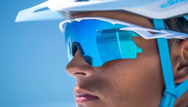 Close up of cyclist s intense focus through sunglasses, highlighting olympic sport concept