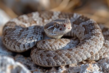 Fototapeta premium Western Diamondback Rattlesnake: Coiled in a defensive posture, rattling its tail, emphasizing danger. 