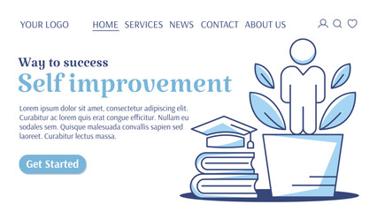 Human growing like a flower from a pot, stack of books, academic cap. Self improvement, education, increasing knowledge, career growth.Vector template for web, banner, landing page, website, startup.