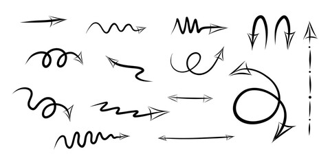 Arrows of different shapes on white background, in Doodle style, vector illustration