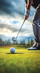 A man is playing golf and is about to hit a ball with his club