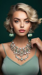 A woman wearing a green dress and a necklace with green beads