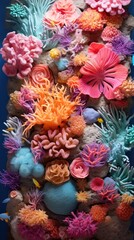 A colorful coral reef with many different types of fish and plants