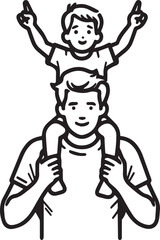 Father holding his child on his shoulders. Happy father day Symbol. Vector illustration of daddy and child. Father with his son on white background.