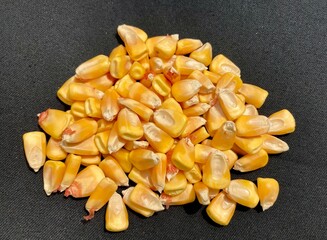 close up of a pile of corn seeds. close up of corn seed. Yellow grain corn isolated on background and texture, for popcorn, top view