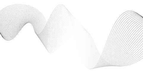 Abstract grey wavy lines on transparent background.  Vector illustration. Wave with lines created using blend tool.Wave lines smooth flowing dynamic isolated on white background.