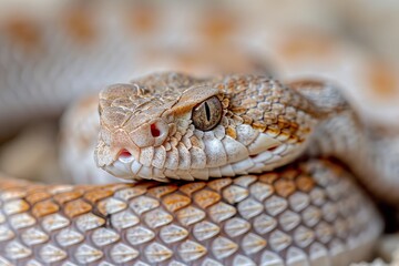 Fototapeta premium Western Diamondback Rattlesnake: Coiled in a defensive posture, rattling its tail, emphasizing danger. 