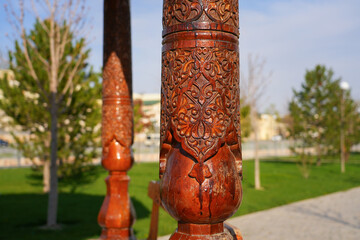 Wooden gazebo in the Khoja Doniyor (Saint Daniel) Park on the side of the Afrosiyab Hill in...