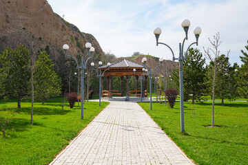 Wooden gazebo in the Khoja Doniyor (Saint Daniel) Park on the side of the Afrosiyab Hill in...