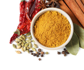Curry powder in bowl and other spices isolated on white, top view